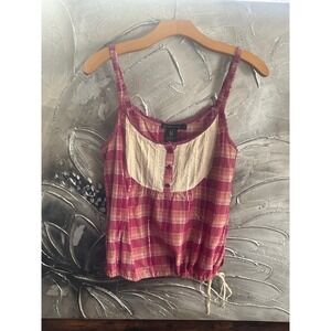 Grass Collection Plaid Cami Top Lace Trim Button Tie Front Sleeveless Medium